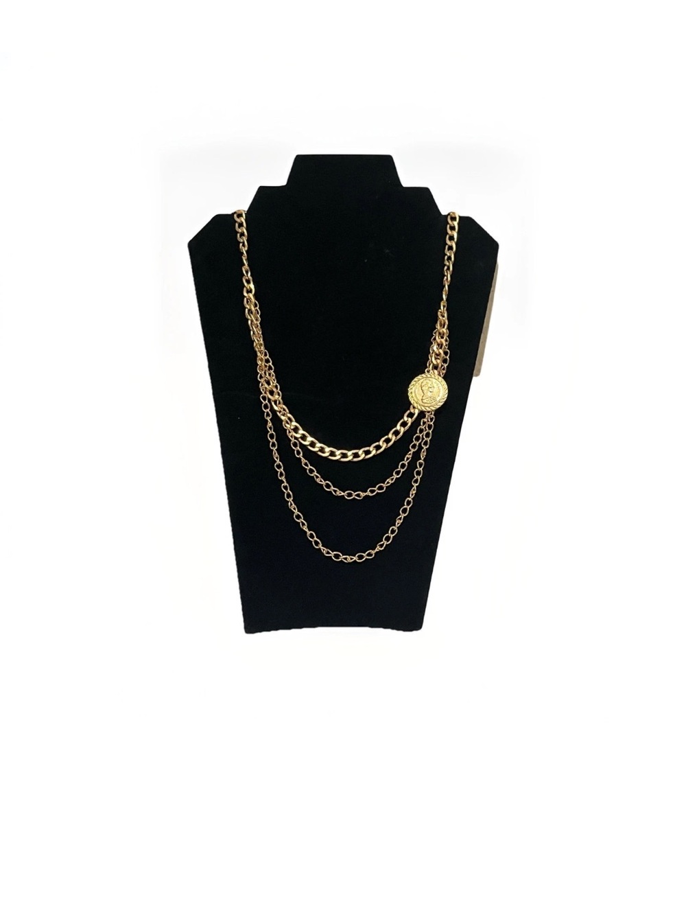 Vintage Gold Tone Multi Strand Layered Necklace Chunky Chain with Coin Medallion